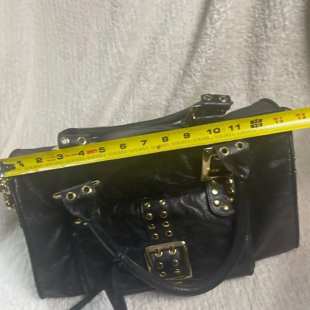 CMZ Stylish Synthetic Black Medium Satchel with Gold Studs Accents.